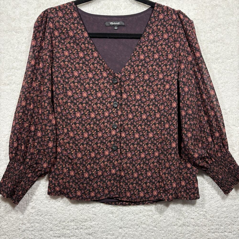 Madewell Women's Georgette Smocked-Cuff Button-Front Top Size 4/S Orchard Floral